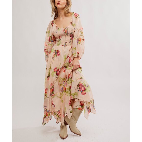 Free People Floral Maxi Dress -  Pale Peach and Green Size XL - Picture 1 of 12